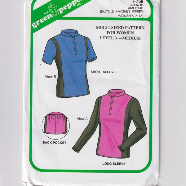 Craft Sewing Pattern Green Pepper F758 Women's Bicycle Racing Jersey Long or Short Sleeve UNCUT