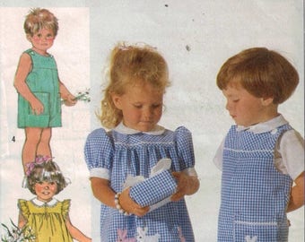1980s Vintage Sewing Pattern Simplictiy 7353 Toddler Girls Boys Dress and Long Short Overalls Classic Size 1 or 2 Breast 20 or 21 1986 UNCUT