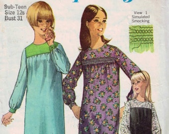 1960s Vintage Sewing Pattern Simplicity 6658 Sub Teen Juniors Gathered Yoke Dress Simulated Smocking Size 12s Bust 31 1966 60s