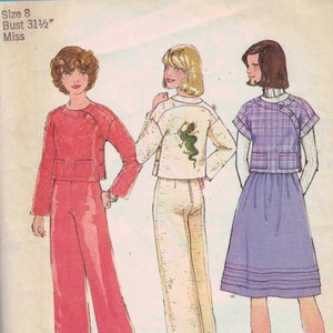 May include: Simplicity sewing pattern number 7221 for a miss's outfit. The pattern includes three different looks: a pink top and trousers, a white top and trousers with a green embroidered design, and a purple skirt with a plaid top. The pattern is for size 8, bust 31 1/2 inches.
