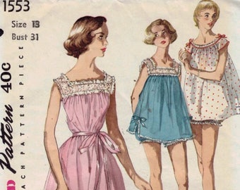 1950s Vintage Sewing Pattern Simplicity 1553 Misses Shortie Nightgown Pegnoir Baby Doll and Pantie Lingerie Size 13 Bust 31 50s 1950s UNCUT