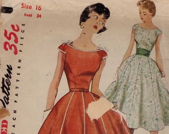 1950s Vintage Sewing Pattern Simplicity 4674 Missess Full Skirt Gored Party Dress Boat Neck Size 16 Bust 34 1950s 50s