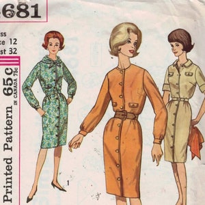 May include: Vintage Simplicity sewing pattern number 4681 for a dress. The pattern is for size 12 with a bust measurement of 32 inches. The pattern shows three different styles of dresses, one with a floral print, one in a solid orange color, and one in a solid beige color. The pattern is labeled "Simple to Make".