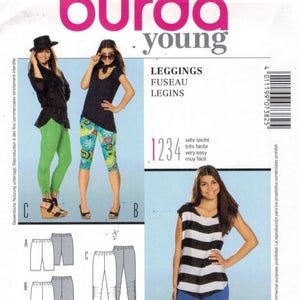 May include: Burda Young sewing pattern 7382 for leggings. The pattern includes sizes 32-42 and 6-16. The pattern is for leggings with seam and hem allowances. The pattern is in English and German.
