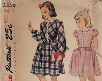 1950s Vintage Sewing Pattern Simplicity 2296 Girls Dress with Scalloped Trim Size 7 Breast 25 50s