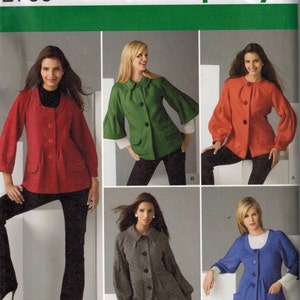 May include: Simplicity sewing pattern 2760 featuring various jacket designs. The pattern includes options for jackets in red, green, orange, gray, and blue. The jackets have different sleeve styles and button closures. The pattern size is R5, sizes 14-22.