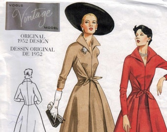 REPRODUCTION Misses Sewing Pattern Vogue V2401 2401 1952 1950s 50s Style Dress Front Tie Multisize Size 6-10 or 12-16  UNCUT