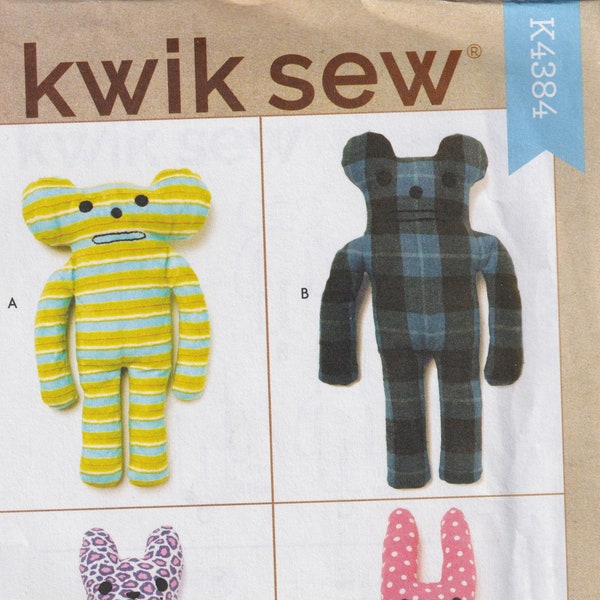 Craft Sewing Pattern Kwik Sew K4384 4384 Plush Animals Bear Dog Bunny Plushie UNCUT