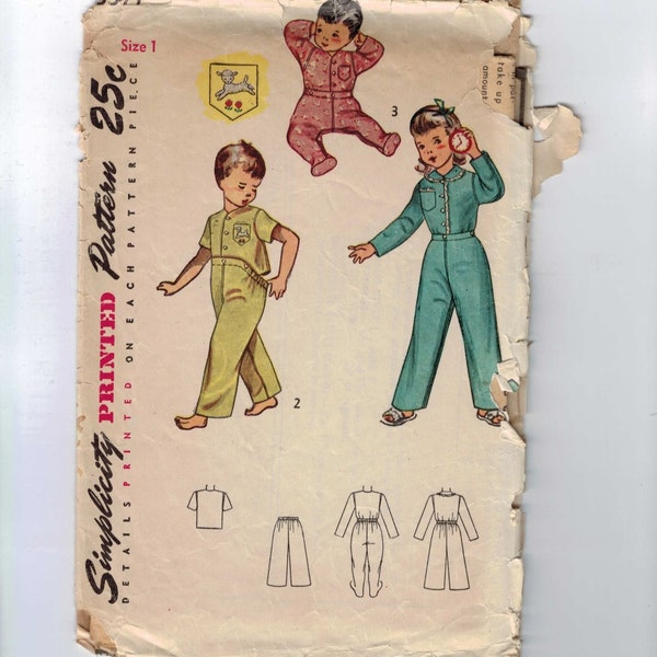 1950s Vintage Sewing Pattern Simplicity 3377 Child Girls Boys Footed Pajamas Two Piece PJs Toddler Size 1 Breast 20 50s 1950