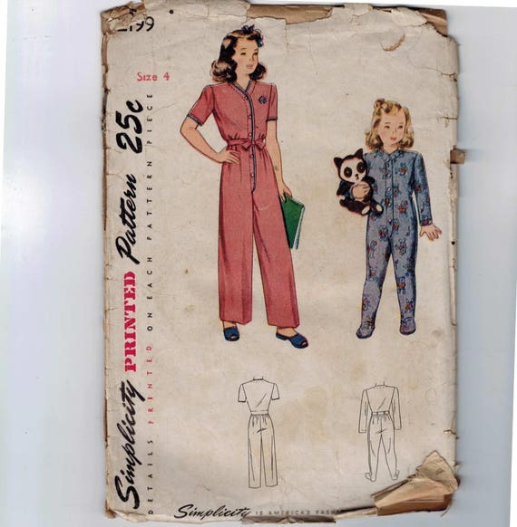1940s Vintage Sewing Pattern Simplicity 2199 Childs One Piece