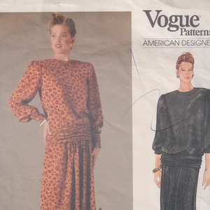 Vintage 1980s Sewing Pattern Bill Blass Vogue American Designer 1595 Misses Two Piece Dress Blouson Top and Skirt Size 8 Bust 31 1/2 UNCUT