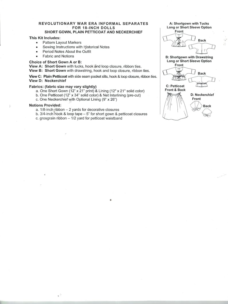 Historically Accurate Sewing Pattern - 18th Century Short Gown for 18 ...