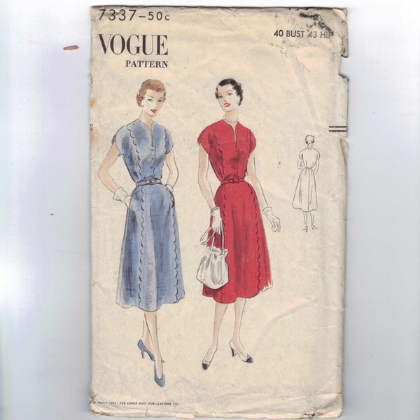 1950s Vintage Sewing Pattern Vogue 7337 Misses Scalloped Day Dress Size 40 Bust 40 50s UNCUT  99