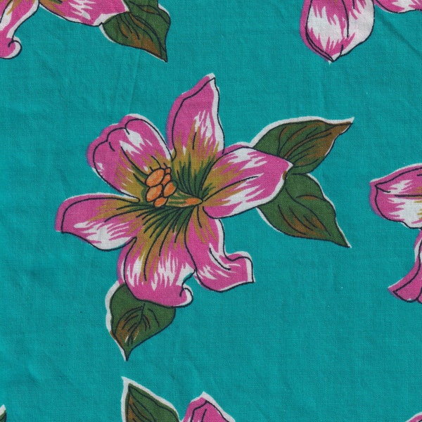 Vintage Hawaiian Print Pink Hibiscus Flower on Teal Background Printed Light Weight Cotton Aloha Fabric - 54 Inch Remnant