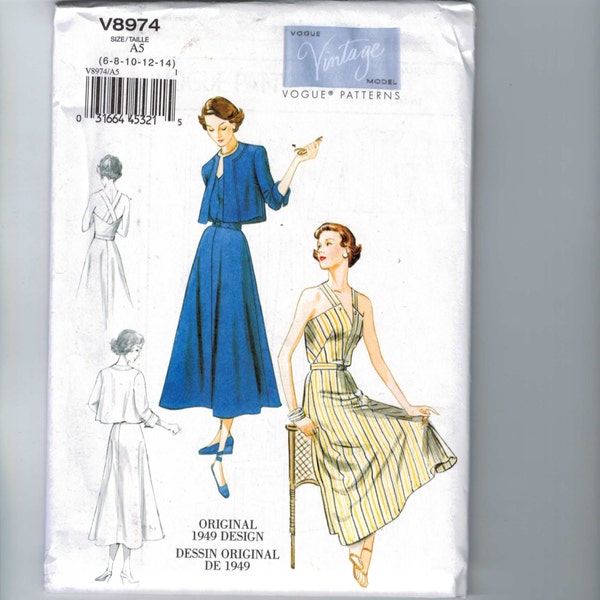 REPRODUCTION Misses Sewing Pattern Vogue V8974 8974 Misses 1949 1940s 40s Style Reproduction Sundress and Bolero Size 6-14 UNCUT