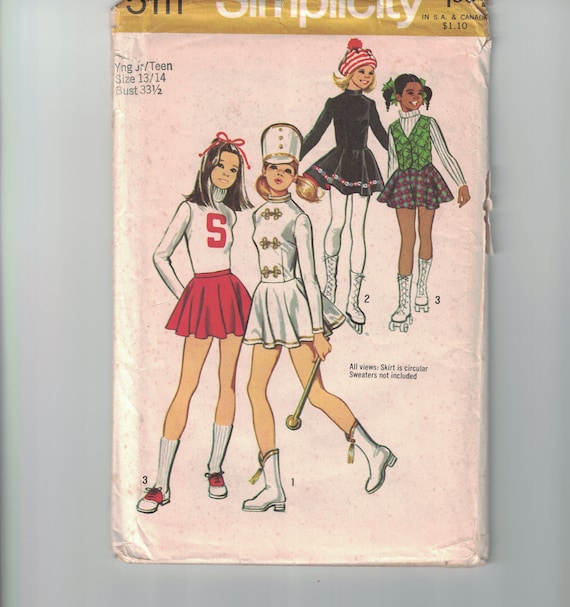 1970s Vintage Sewing Pattern Simplicity 5111 Costume Cheerleader Majorette Skating Dress Size 13 14 Bust 33 1/2 OR Size 7 Breast 26