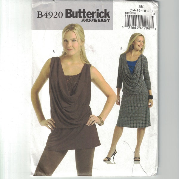 Misses Sewing Pattern Butterick 4920 B4920 Easy Drape Front Tunic Dress Size 14-20 UNCUT