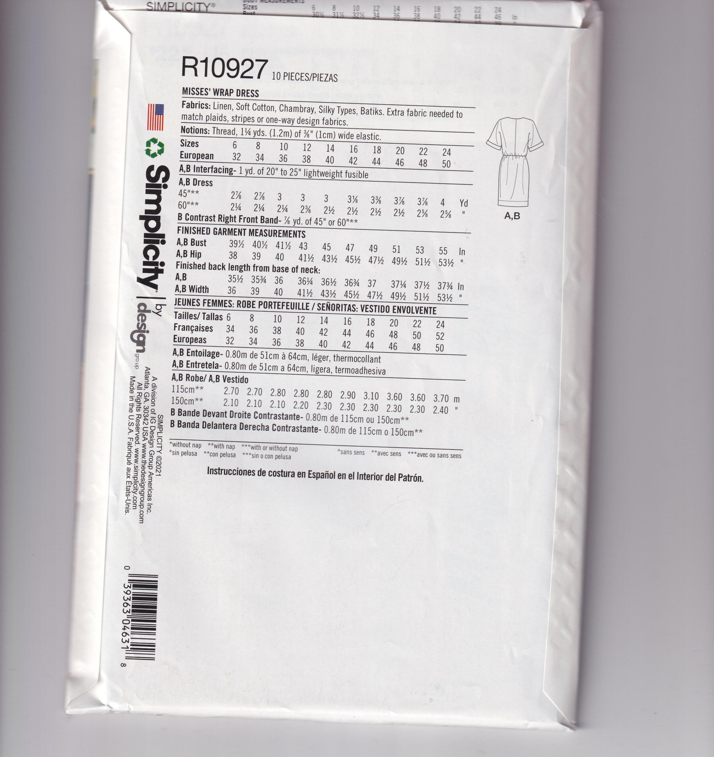 Simplicity R10927 / S9224 Patron De Couture De Robe Portefeuille Style Mimi G Non Coupé, Grandes Tailles 16, 18, 20, 22, 24 - Canada