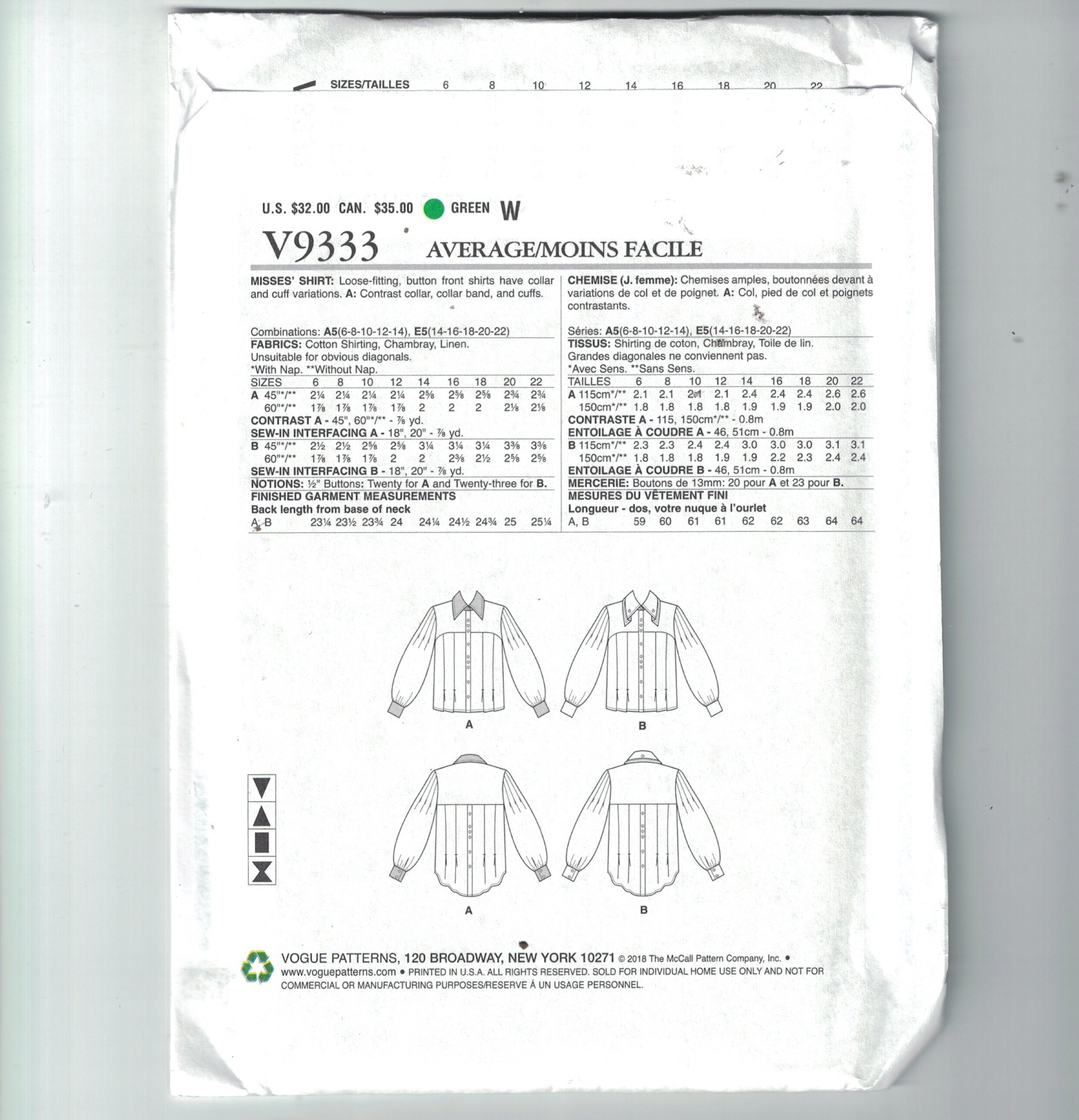 Misses Sewing Pattern Vogue V9333 9333 Kathryn Brenne American