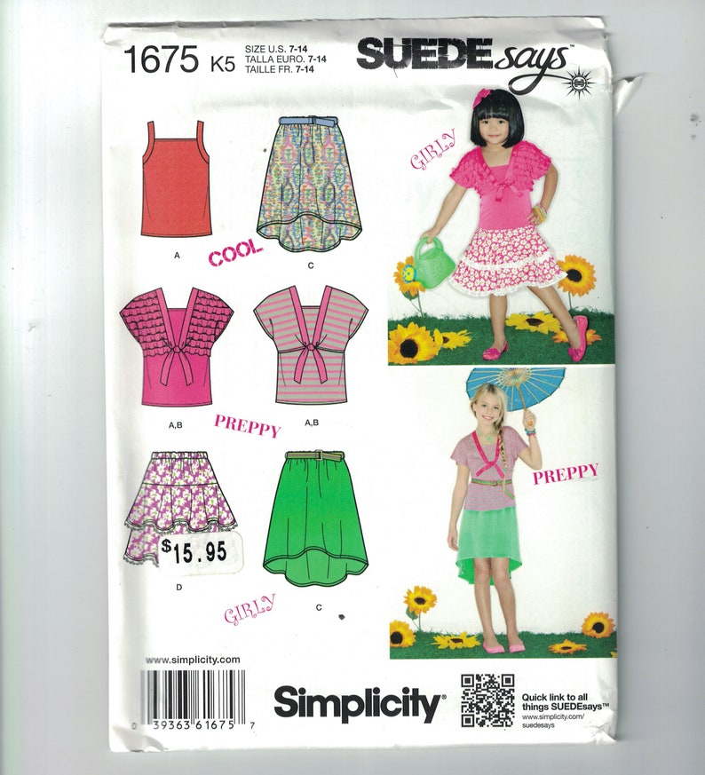 Kids Sewing Pattern Simplicity 1675 Girls Skirts Knit Top and Bolero Jacket Suede Says Size 3 4 5 6 or 7 8 10 12 14 UNCUT image 1