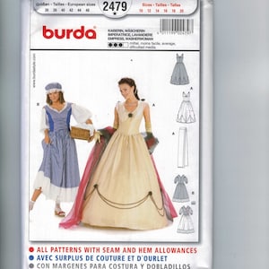 Misses Sewing Pattern Burda 2479 Misses Halloween Costume Wench Princess Peasant Victorian Gown Size 10 12 14 16 18 20 UNCUT