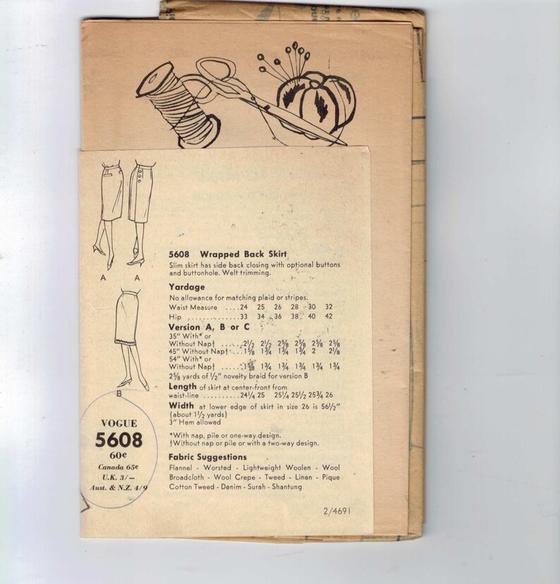 1960s Vintage Sewing Pattern Vogue 5608 Wrapped Back Slim Skirt Waist 28 Hip 38 UNCUT 60s image 2