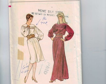 1980s Vintage Sewing Pattern Vogue 8451 Misses Tucked Front Retro Wide Shoulder Dress with Belt Long Short Size 12 Bust 34 80s UNCUT