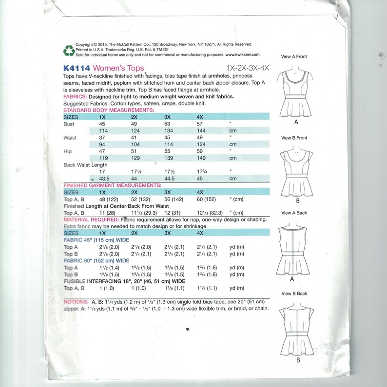 Misses Sewing Pattern Kwik Sew K4114 4114 Sleeveless Tank Top with Peplum Plus Size 1x 2x 3x 4x UNCUT image 2