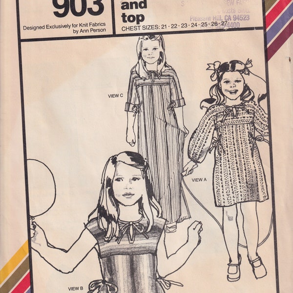 1970s Vintage Sewing Pattern Stretch and Sew 903 Girls T-Dress and Top Tied Sides Caftan 1970s UNCUT