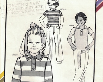 1970s Vintage Sewing Pattern Stretch and Sew 950 T-shirt and Tap Front Shirt Polo Boys Girls Kids 1970s UNCUT