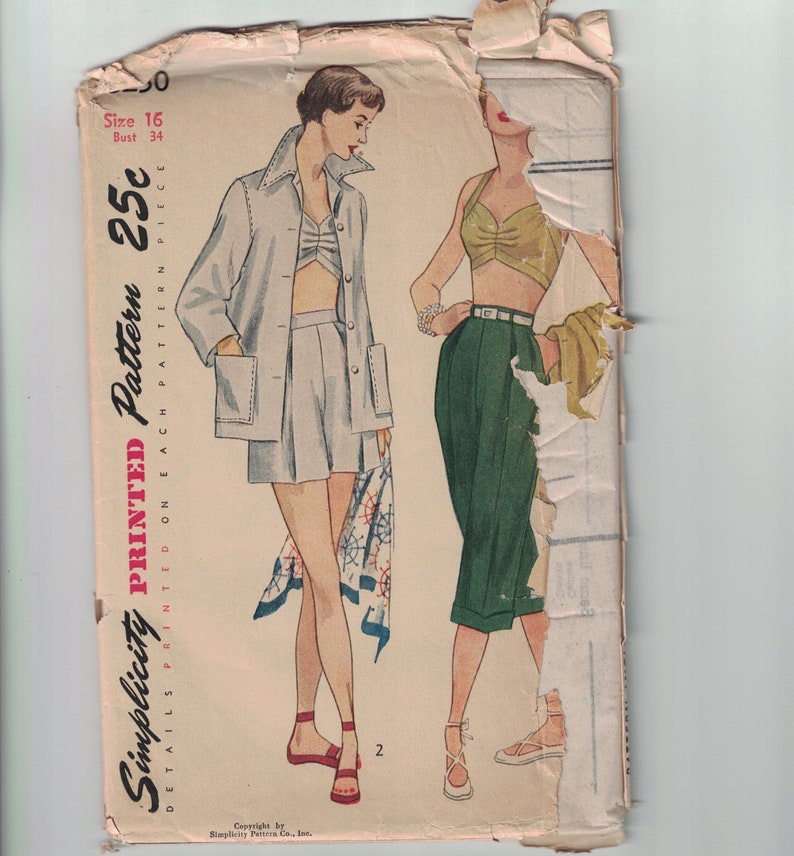 1950s Vintage Sewing Pattern Simplicity 3250 Misses Bra Top Shorts Pedal Pushers and Jacket Summer Beach Size 16 Bust 34 50s Cut or Uncut