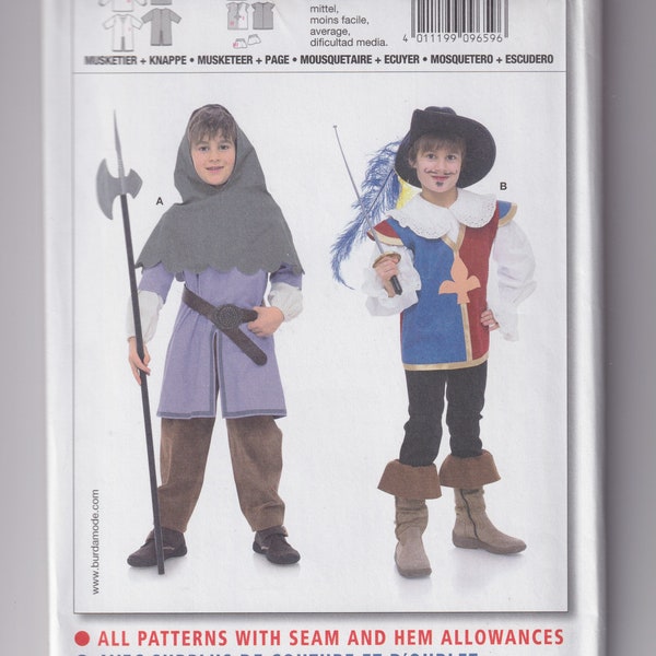 Kids Sewing Pattern Burda 9659 Boys Musketeer Page Medieval Renaissance SCA Reenactment Halloween Costume Size 4-10 UNCUT