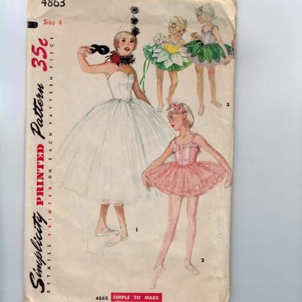 1950s Girls Vintage Sewing Pattern Simplicity 4863 Girls Ballet Tutu Costume Hat Ruff Size 4 Breast 23 50s