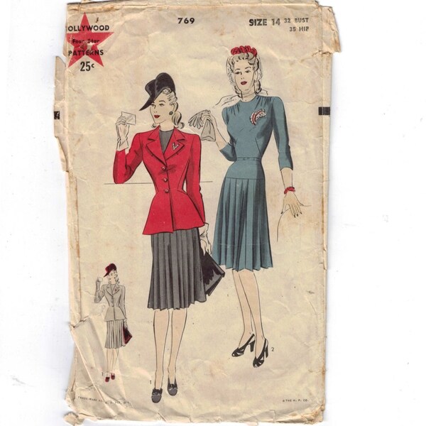 1940er Jahre Vintage Sewing Pattern Hollywood 769 einteiliges Kleid Jacke Gr&ouml;&szlig;e 14 B&uuml;ste 32 40 s