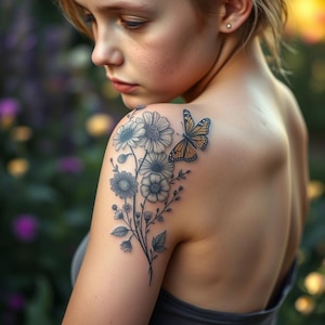 カスタムカラー誕生花ブーケタトゥー | 家族の誕生月デザイン | 最大15種類の花 | パーソナライズされた花のタトゥーアート | デジタルダウンロード