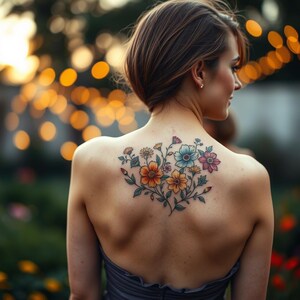 Custom Color Birth Flower Bouquet Back Tattoo | Family Birth Month Design | Personalized Floral Tattoo Art | Digital Download
