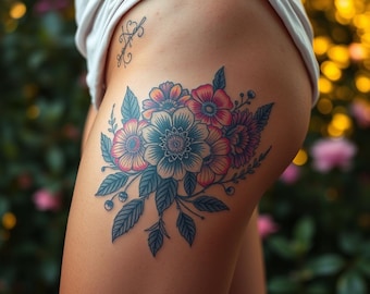May include: A colorful floral tattoo on a person's thigh. The tattoo features a bouquet of pink, orange, and blue flowers with green leaves.