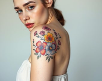 May include: A woman with a floral tattoo on her shoulder. The tattoo features a variety of flowers in shades of pink, yellow, orange, and blue.