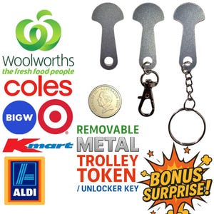 May include: Image featuring silver metal trolley tokens, designed to unlock shopping trolleys, and an Australian coin. The tokens are keyhole-shaped. Retailer logos are also present, along with the text "Removable Metal Trolley Token / Unlocker Key."