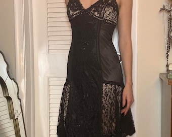 vintage 90s y2k black silk midi dress with lace and beaded detailing