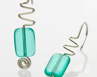 Zig Zag Earrings Aqua Coloured Glass