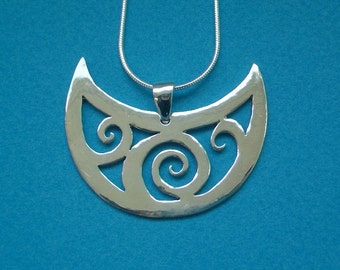 Swirly Moon Pendant Necklace Sterling Silver Pagan Goddess Pictish