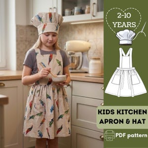 Puede incluir: Un delantal beige y un gorro de cocinero a juego con un estampado de loros de colores. El conjunto incluye una ilustración digital que muestra el diseño del delantal y el gorro con el texto 2-10 YEARS y KIDS KITCHEN APRON & HAT PDF pattern.