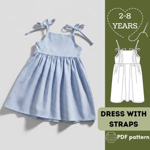 女の子用ストラップドレスの縫製パターン：サイズ2～8歳（PDFパターン、英語）