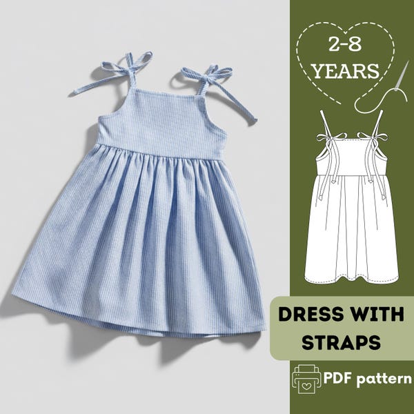 Patrón de costura para vestido de tirantes para niñas: Tallas 2 a 8 años (Patrón PDF en inglés)
