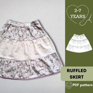 Kids Skirt Pattern PDF File. Ruffled Skirt Sizes From 2 to 7 Years. Simple Pattern Easy to Sew. Pattern is made in English Language.
