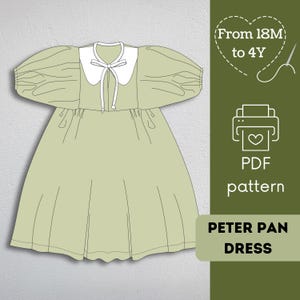 Dress pattern with Peter Pan collar. Easy to Sew. Sizes From 18 months to 4years. Pattern is made in English Language.