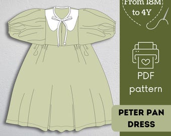 Dress pattern with Peter Pan collar. Easy to Sew. Sizes From 18 months to 4years. Pattern is made in English Language.