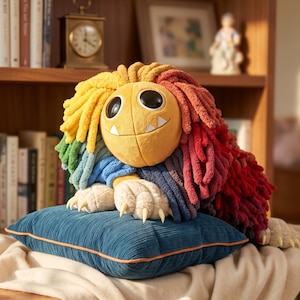 May include: A plush monster toy with a round yellow face, large black eyes, and two white teeth. It features a thick mane of shaggy, multi-colored fabric strands in yellow, green, blue, and red. The creature rests on a blue corduroy pillow.