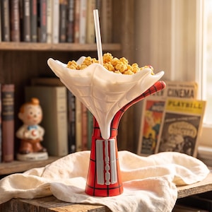 May include: A red and white snack bowl shaped like a superhero character with a web-patterned top section. The base is red with black grid lines and a vertical gray rectangular detail. A white straw stands upright in a pile of golden popcorn.
